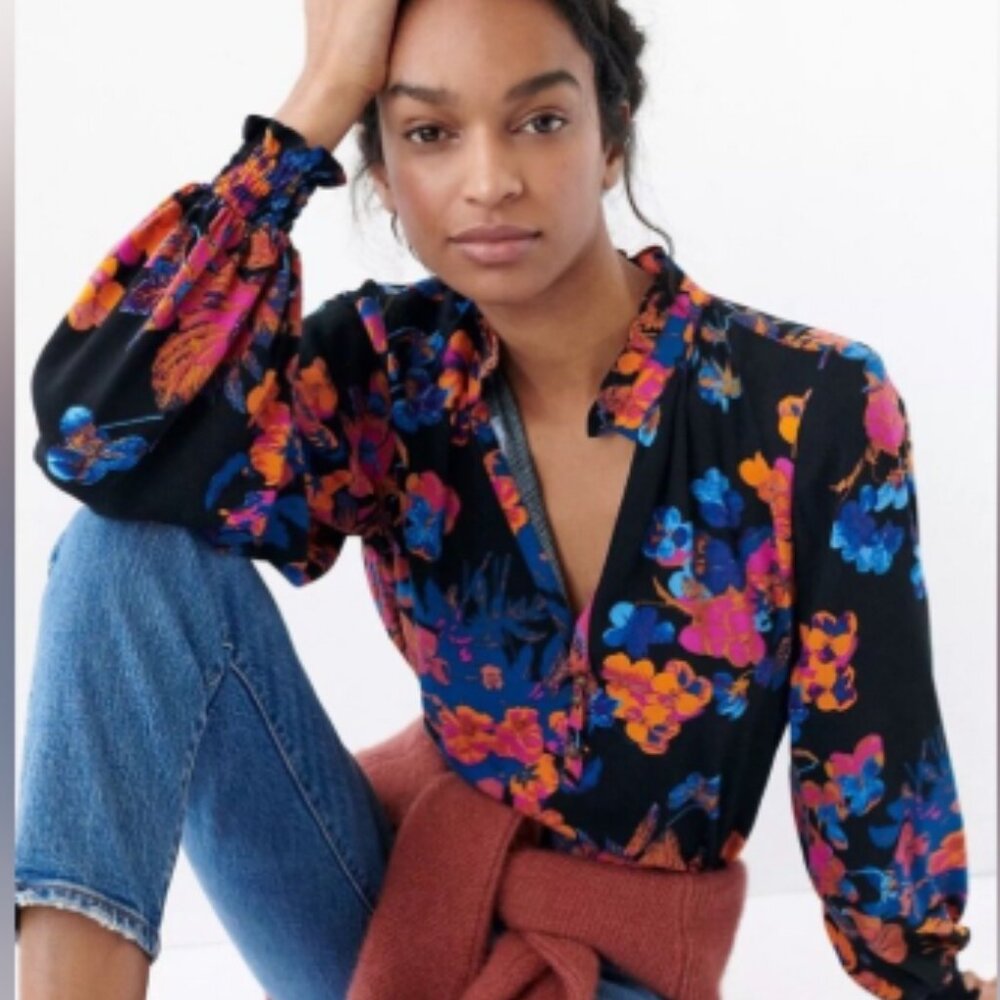 Anthro Maeve Colette Peasant Blouse Floral Boho Black Pink Size S